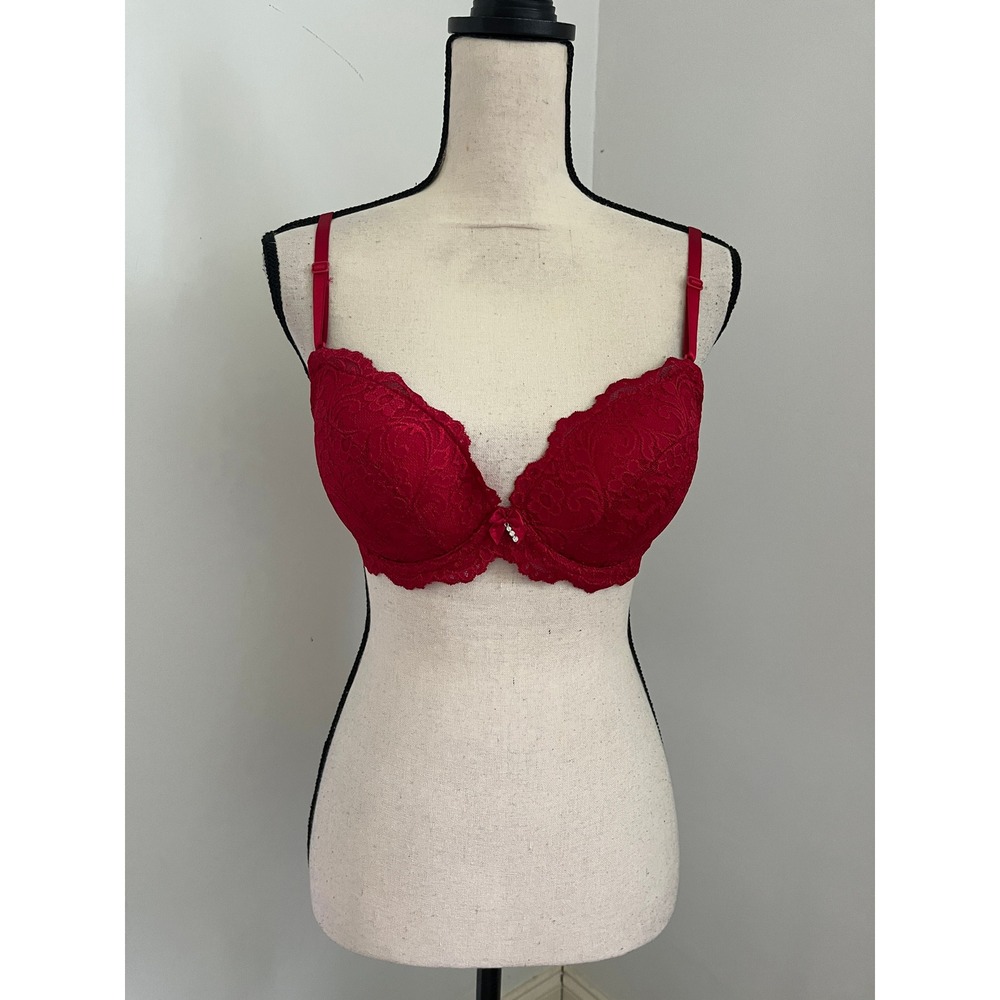 Red Floral Lace Push Up Bra 34C Rhinestone Bow Padded Underwire Coquette Sexy